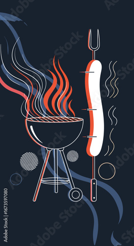 Enjoying a delicious barbecue with a savory sausage on a skewer by the grilling fire
