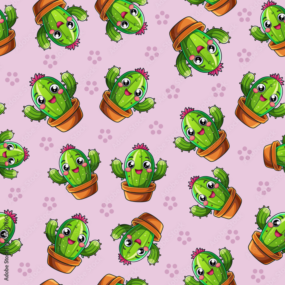Obraz premium cute kawaii cactus seamless pattern