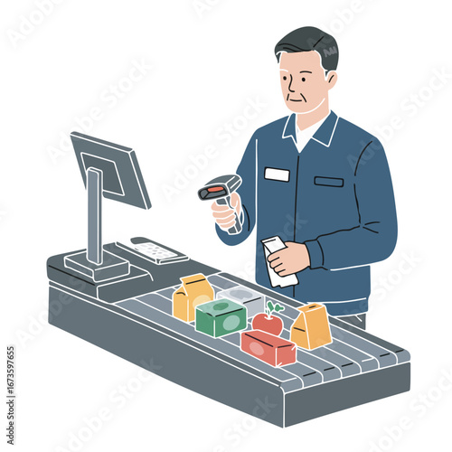Man operating a checkout scanner at a grocery store with various items on the conveyor belt, illustration
