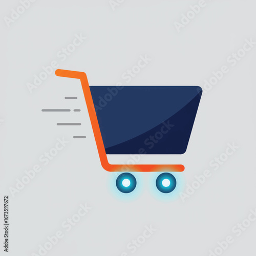 Futuristic blue and orange shopping cart icon with glowing wheels and motion lines.