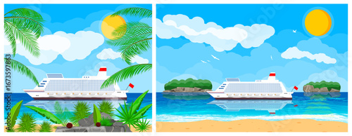 Cruise ship sailing on tropical ocean with palm trees. Summer vacation and travel concept. Ocean liner for holiday trip and adventure.