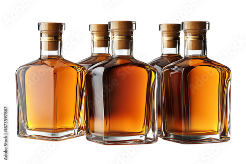 Four elegant whiskey bottles with corked tops arranged in a stylish formation against a white background.