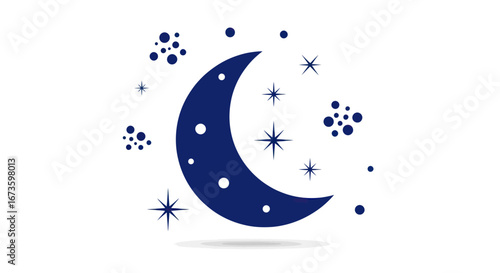 A stylized dark blue crescent moon surrounded by sparkling stars and dots.