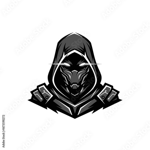 Stealthy Hooded Figure with Glowing Eyes, Futuristic Armor