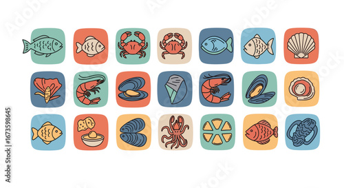 Collection of various seafood icons, including fish, crabs, shrimp, and mussels, in colorful square shapes.