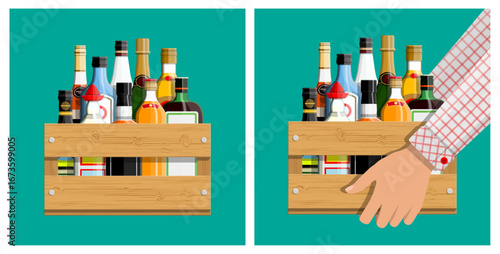 Man hand holding wooden crate full of various alcohol bottles. Beverage distribution, delivery, store, trade concept for liquor shop.