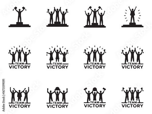 Black and white team victory icons set on a white background, A collection of black silhouette icons depicting teams celebrating victory on podiums and with raised trophies.