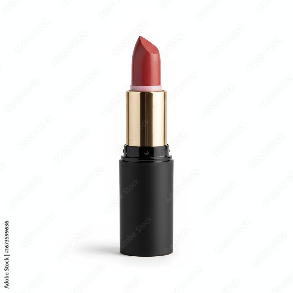 Obraz premium Minimal bullet lipstick with cap removed and partial extension on white background, cosmetic focus