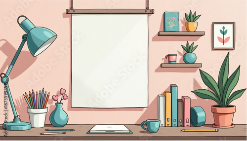 А neatly organized workspace with a blank canvas, plants, and stationery on a pastel background