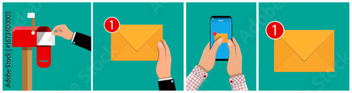 Man checking traditional mailbox for letter. New message notification on smartphone. Email and physical mail communication concept.
