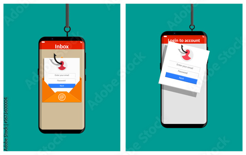 Phishing attempt with a fish hook pulling out an email login form from a smartphone screen. Cyber security risk and data breach concept.