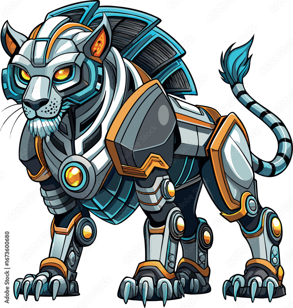 Fototapeta premium A whimsical, futuristic lion featuring bright, glowing LED eyes and a robotic body, showcasing a blend of nature and technology