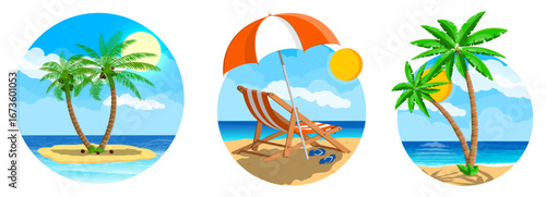 Bright flat landscape set with a palm tree on an island and a beach chair. Tropical summer vacation holiday concept.