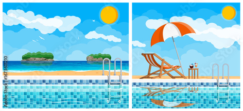 Poolside leisure with deck chair and umbrella on a sunny day. Relaxing summer vacation by the beach or resort.
