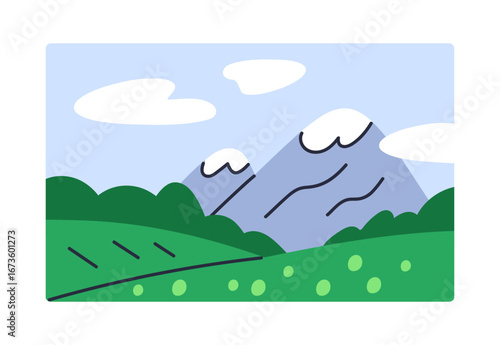 Mountain landscape, nature card. Peaceful valley with rocks in snow, grass field, grassland, hills. Serene summer countryside scenery with snowy peaks, clouds in sky. Flat vector illustration
