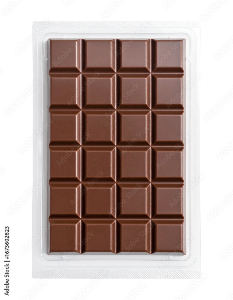 Obraz premium Top view of dark chocolate in transparent plastic packaging Isolated on transparent or white background