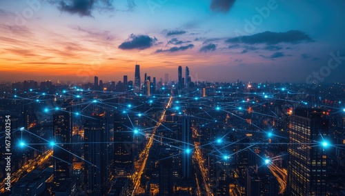 Wallpaper Mural City skyline at dusk, connected by a network of glowing lines (1) Torontodigital.ca