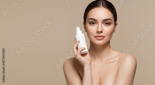 Beautiful Woman Holding Cosmetic Product Bottle