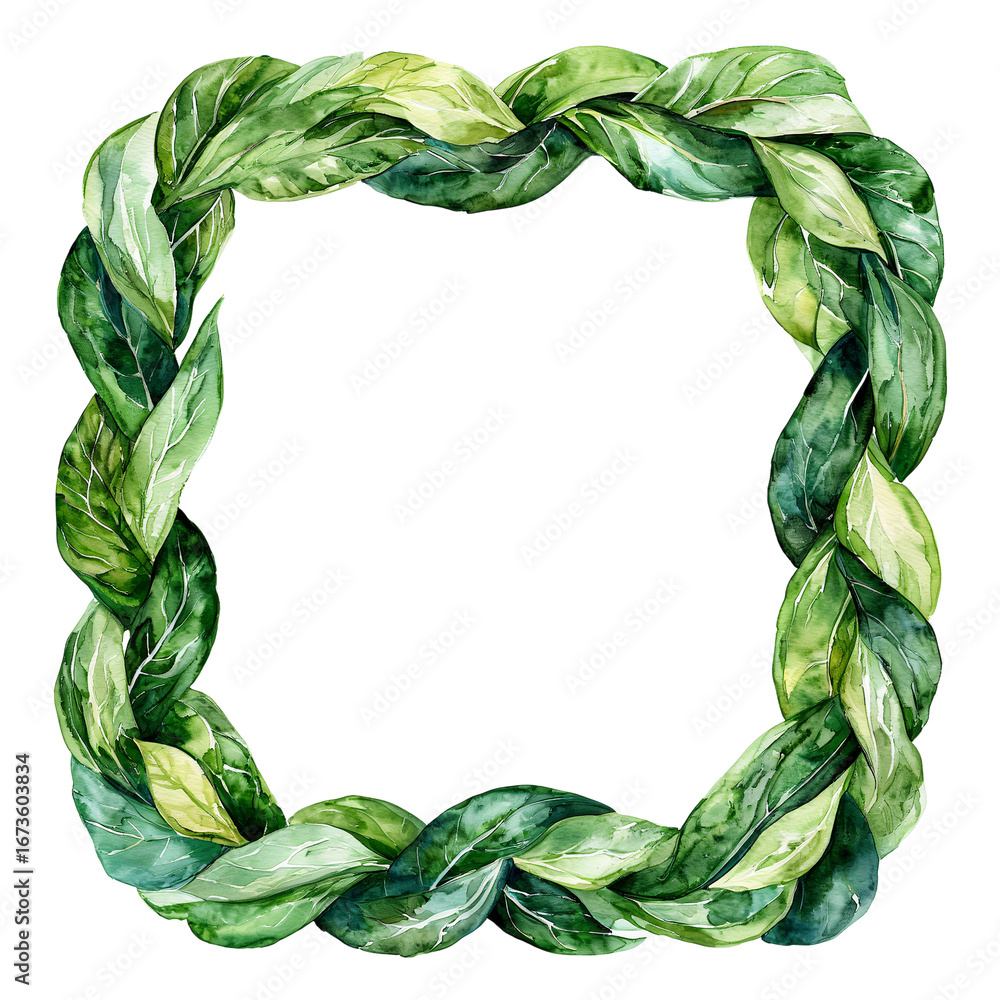 Fototapeta premium a watercolor painting of a square frame made from a braided wreath of lush green leaves.