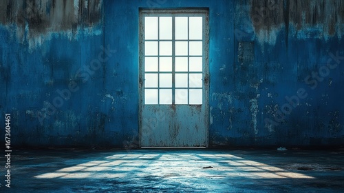 Abandoned building, sunlight through door, grunge wall, interior design