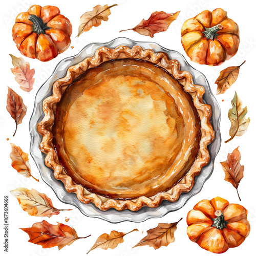 a watercolor painting depicts a classic pumpkin pie surrounded by autumnal leaves and miniature pumpkins, evoking a cozy fall aesthetic.