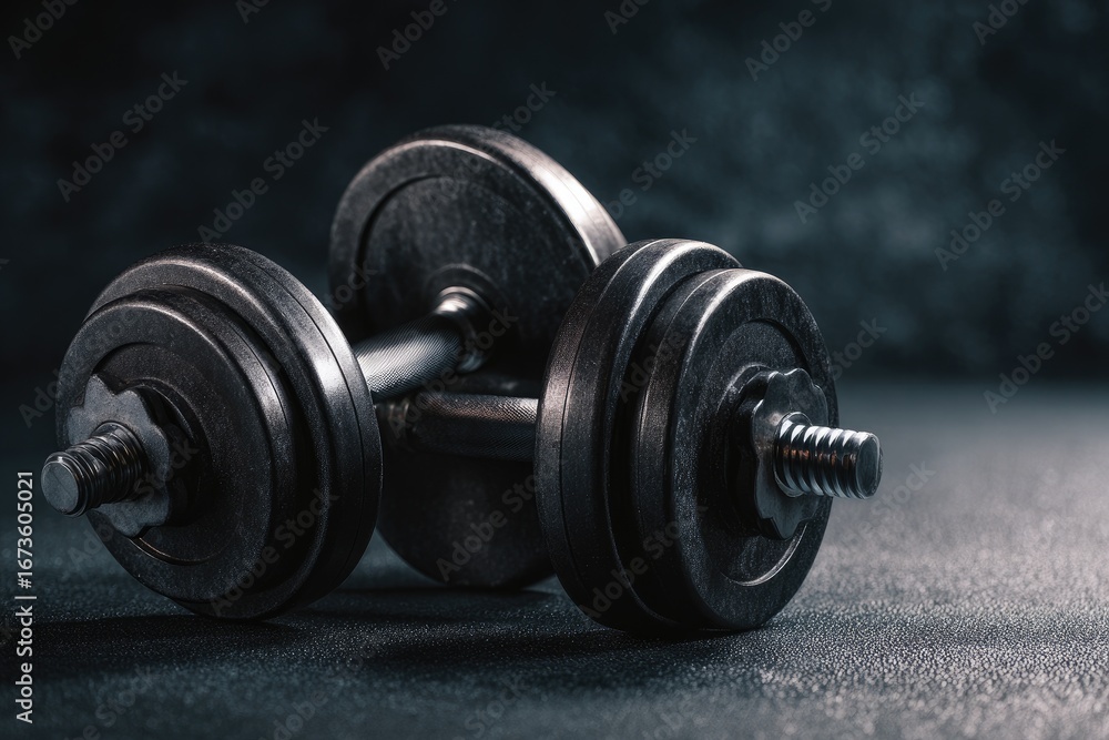 Naklejka premium Two dark dumbbells on a dark surface