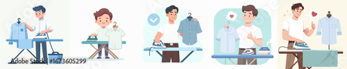 vector of a man ironing clothes