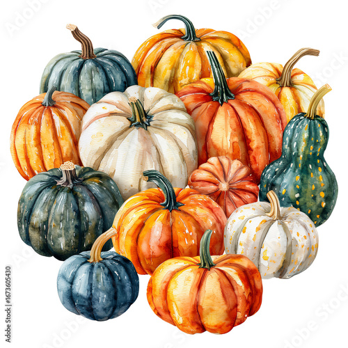 a watercolor painting depicts a bountiful harvest of pumpkins and gourds in varying shades of orange, white, and dark green.
