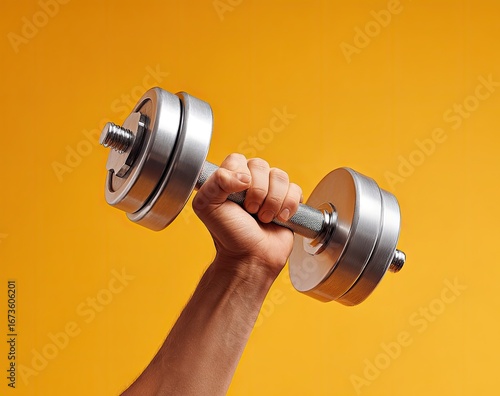 Hand holding a silver dumbbell against an orange background