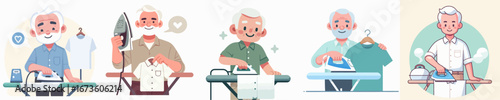 vector of a grandfather ironing clothes