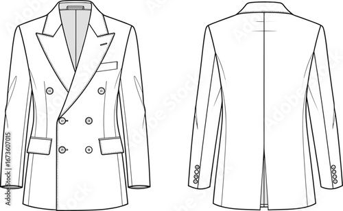 Fashionable double breasted men blazer coat technical flat sketch, formal suit jacket design front and back view, cad drawing flat vector illustration