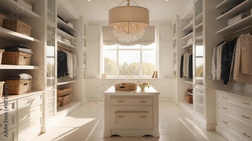Luxurious walk-in closet with elegant chandelier, organized shelves, wicker baskets, and natural sunlight creating stylish modern interior