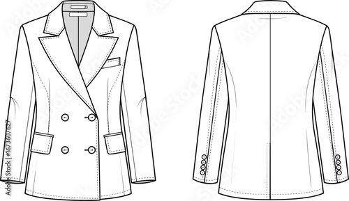 Fashionable double breasted women’s blazer jacket technical flat sketch, CAD drawing vector illustration, tailored coat design front back view