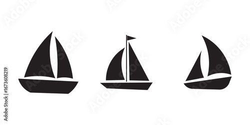 Simple black silhouette of a sailboat with two sails on white background
