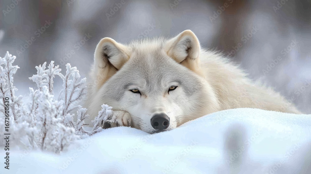Obraz premium Arctic wolf resting snowy winter forest