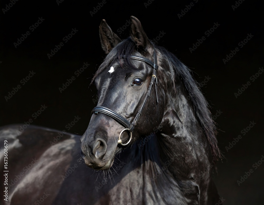 Fototapeta premium Black horse portrait against dark background