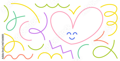 Colorful abstract line doodles create a playful heart and cheerful expressions in a vibrant design