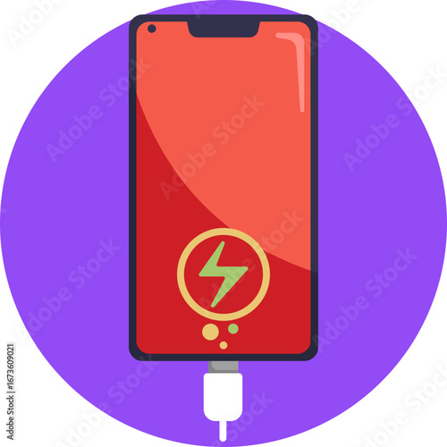 Smartphone connected to a charger, indicating battery charging.