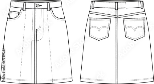 Flat vector CAD drawing of denim skirt, front and back technical fashion sketch, apparel design template, clothing illustration for designers
