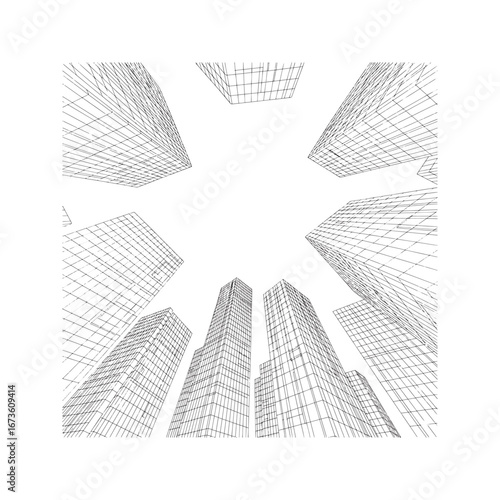 Low Angle Perspective Skyscraper Line Art. Architectural Vector Drawing of Modern City Buildings.
