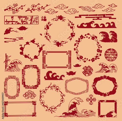 Chinese frame set, traditional oriental New Year border print, red holiday ink decoration stamp kit. Cloud and wave silhouette, vintage Japanese hand drawn ornament east festive graphic. Chinese frame