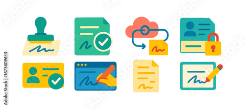 Digital signature flat icon set: authentication, document verification, cloud security
