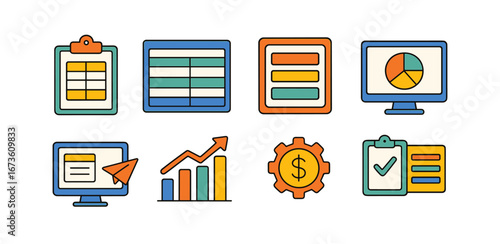 Business, finance flat icon set. analytics, planning, management icons collection