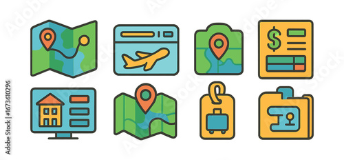 Travel, tourism flat icon set. vacation, trip planning icons collection