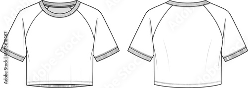 Flat vector CAD drawing of women’s cropped raglan short sleeve t-shirt, front and back technical fashion sketch, apparel design template illustration