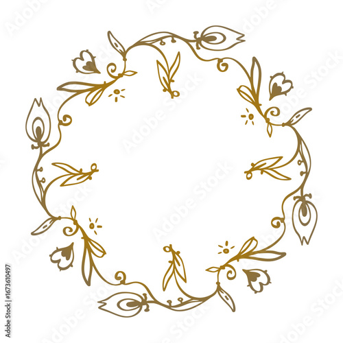 Golden vector wreath with decorative tulips and hearts. Round, simple style, doodle.