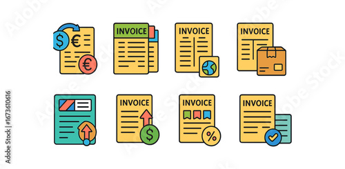 Finance and billing outline icon set. invoice, payment, currency symbols collection