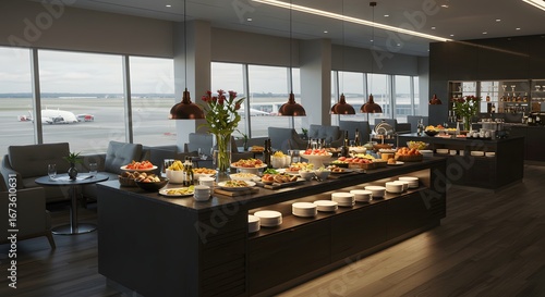 Modern airport lounge with buffet and panoramic window views of the tarmac.