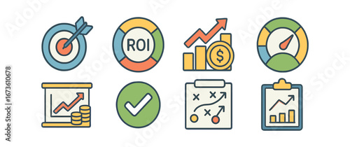 Business and finance flat icon set. strategy, marketing, planning symbols collection