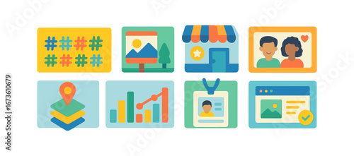 Social media flat icon set. hashtag, profile, analysis, communication icons collection